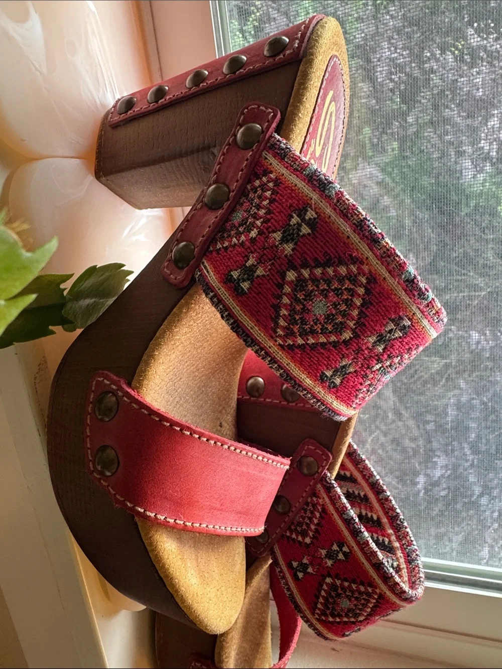 Sbicca Vintage Collection Red Embroidered Platform Mules with Stud Accents